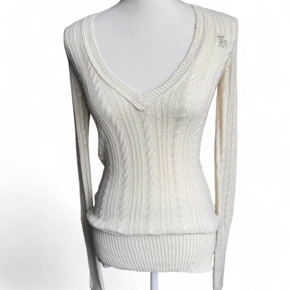 Y2K Rare Vintage Abercrombie & Fitch Cream Cable Knit V-neck Sweater Size S 15%